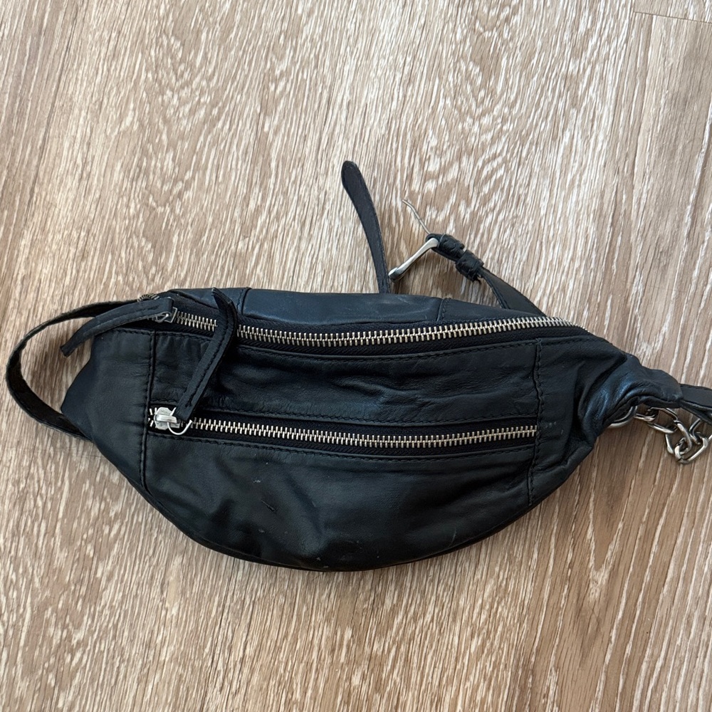Free People Black Leather Belt Bag with Silver Zippers